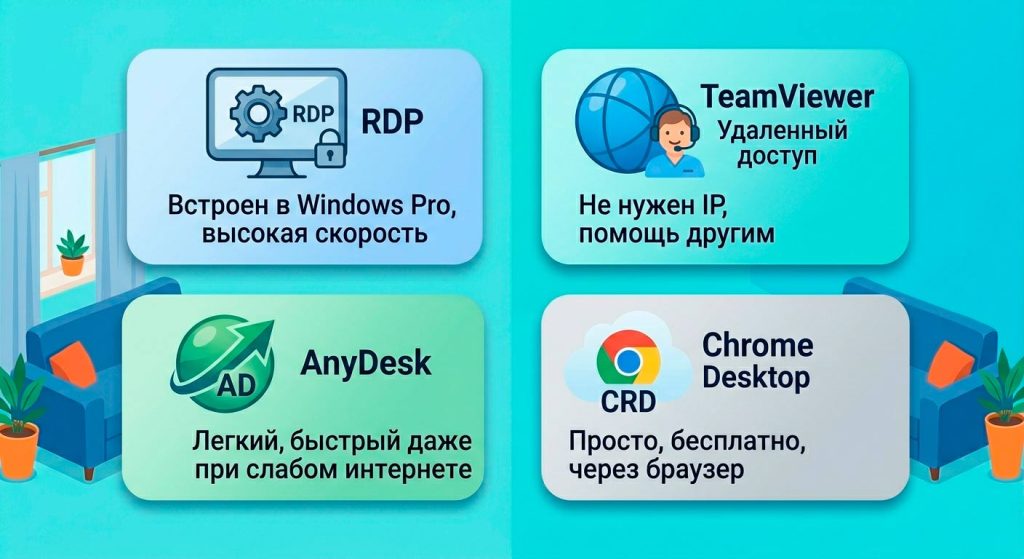 RDP, TeamViewer, AnyDesk, Chrome Remote Desktop
