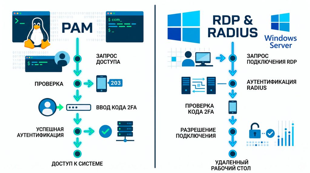 Сравнение архитектуры MFA: PAM и RDP